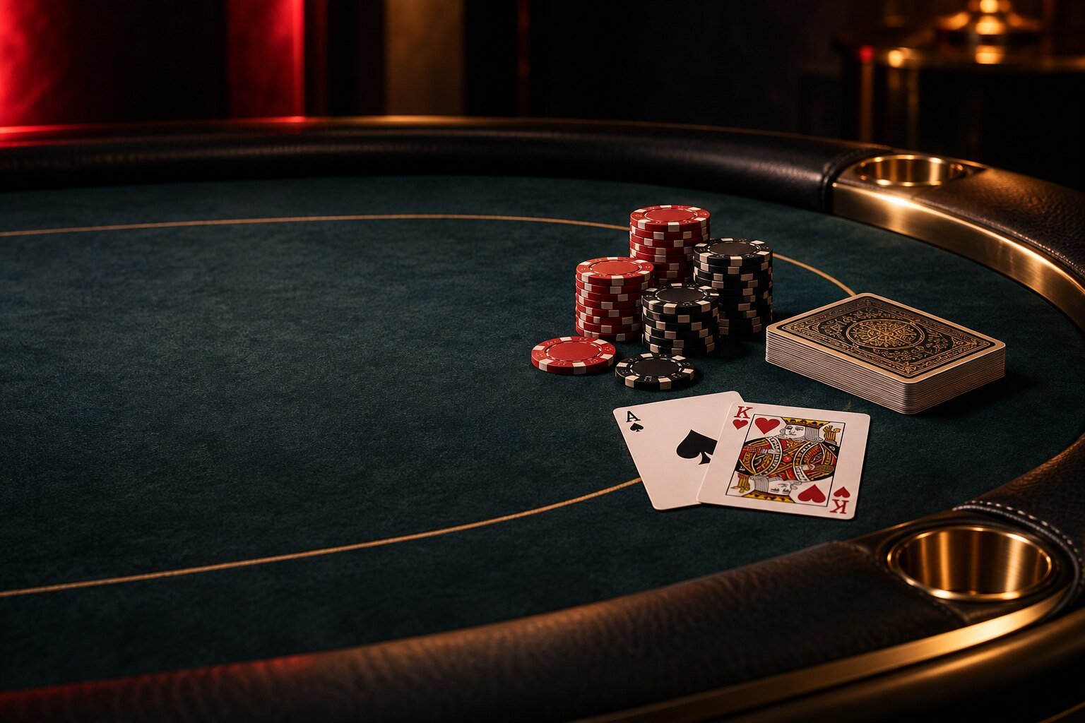 Table de poker élégante avec cartes et jetons sous une lumière ambrée